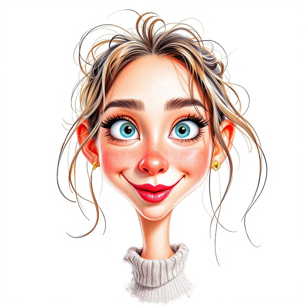 AI generated: Caricatures pencil drawing, cute woman, mid-20's, color pencils, in the style of Pixar, hilariously ...