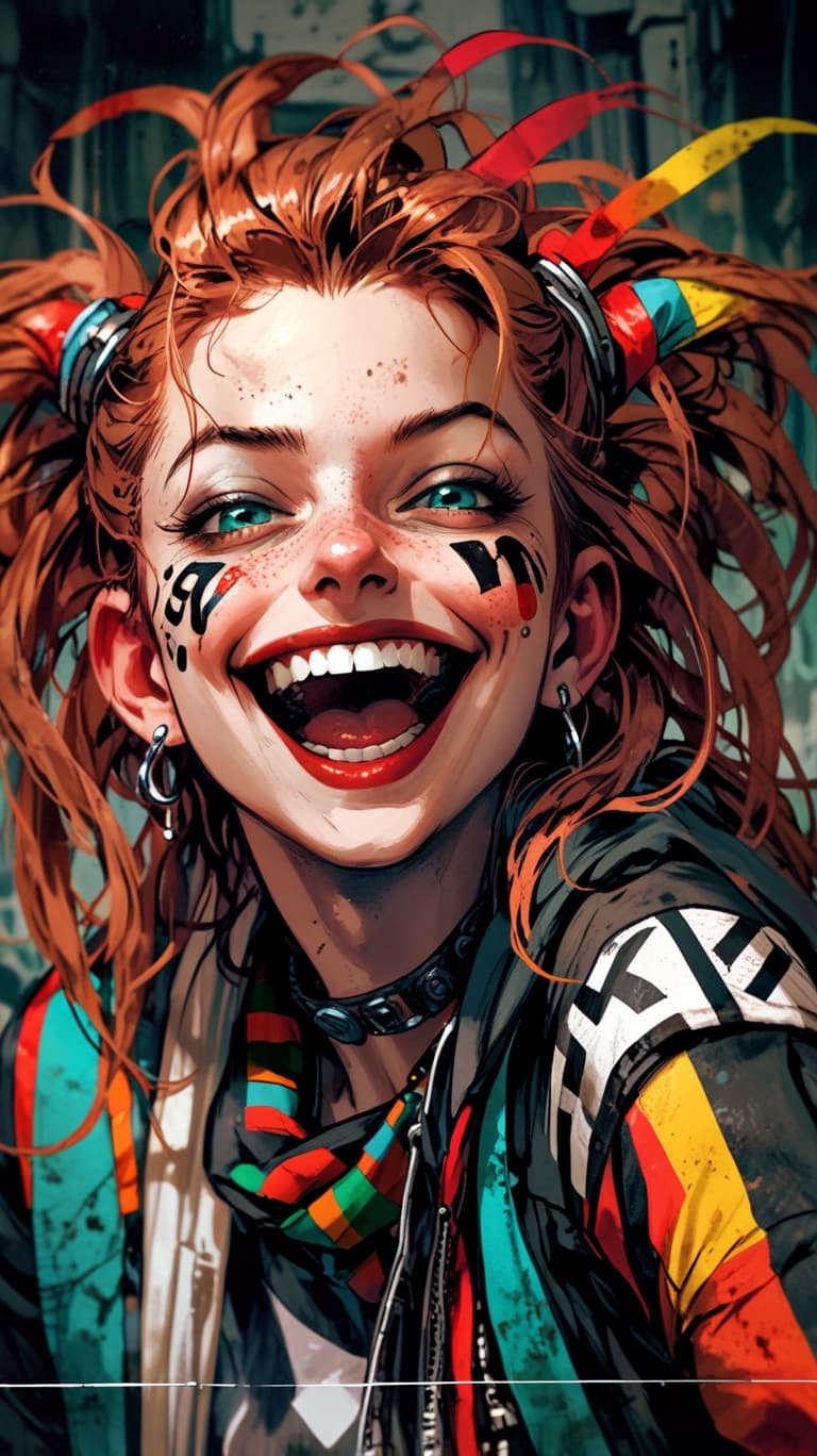 AI generated: A female jester with brown hair, wearing with an flag patterns, laughing heartily while showing off ...