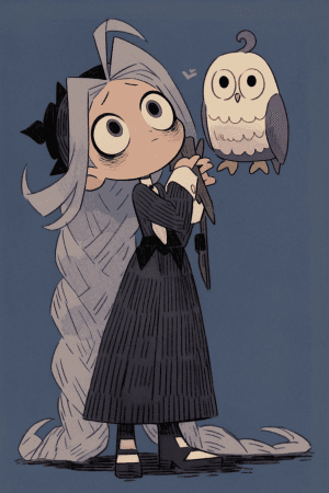 AI generated: Scribble of chibi witch with owl, spooky design, monochromatic color, Ivan Bilibin, eerie-shading, g...