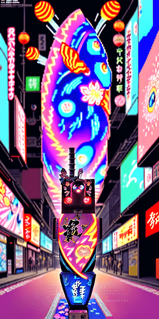 AI generated: vibrant and electrifying, fusion of traditional Japanese motifs and contemporary pop culture icons, ...