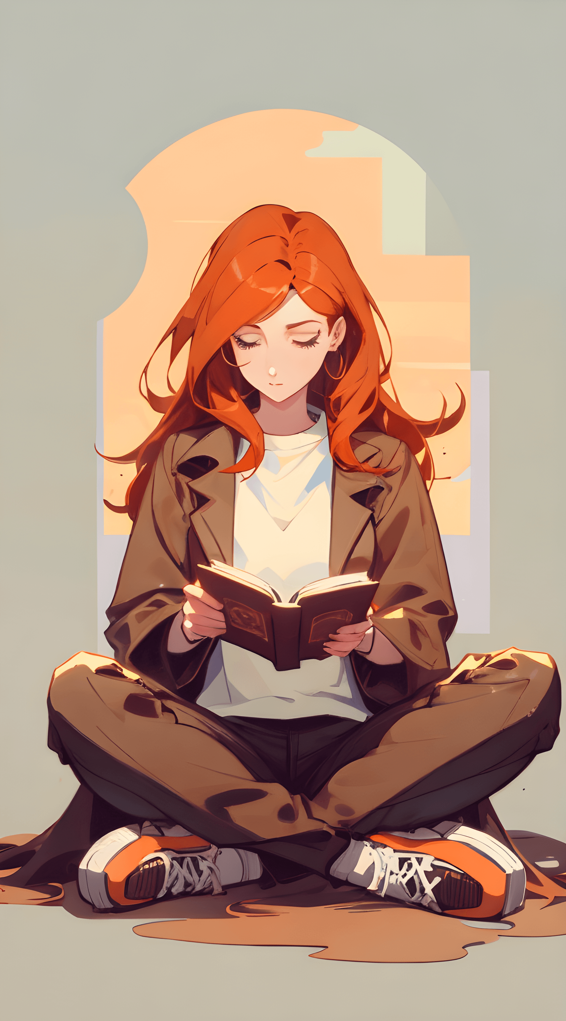 AI generated: a woman sitting on the ground reading a book, digital art, tumblr, she has long orange brown hair, a...