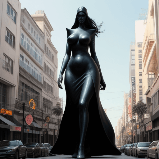 AI generated: 15 ft tall woman endowed walking down a city street