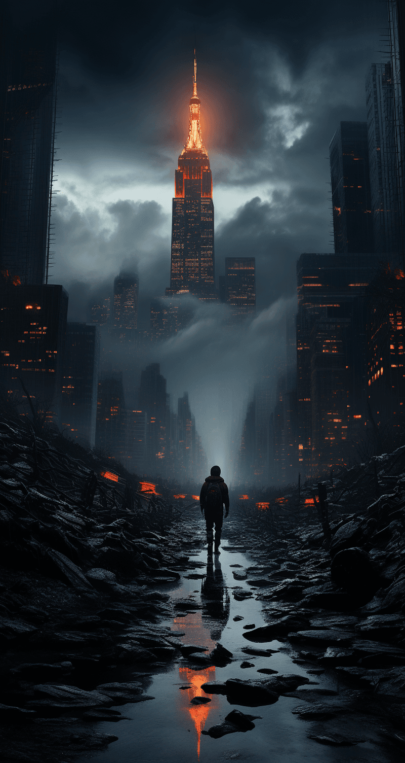 AI generated: Dystopian New York, gritty, octane render, ultra-realistic, cinematic --ar 68:128 --s 750 --v 5.2