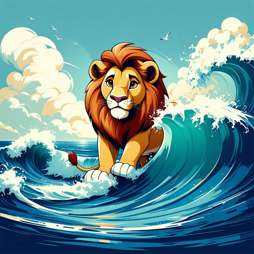 AI generated: A lion in the sea, between the waves.
60's cartoon style.
