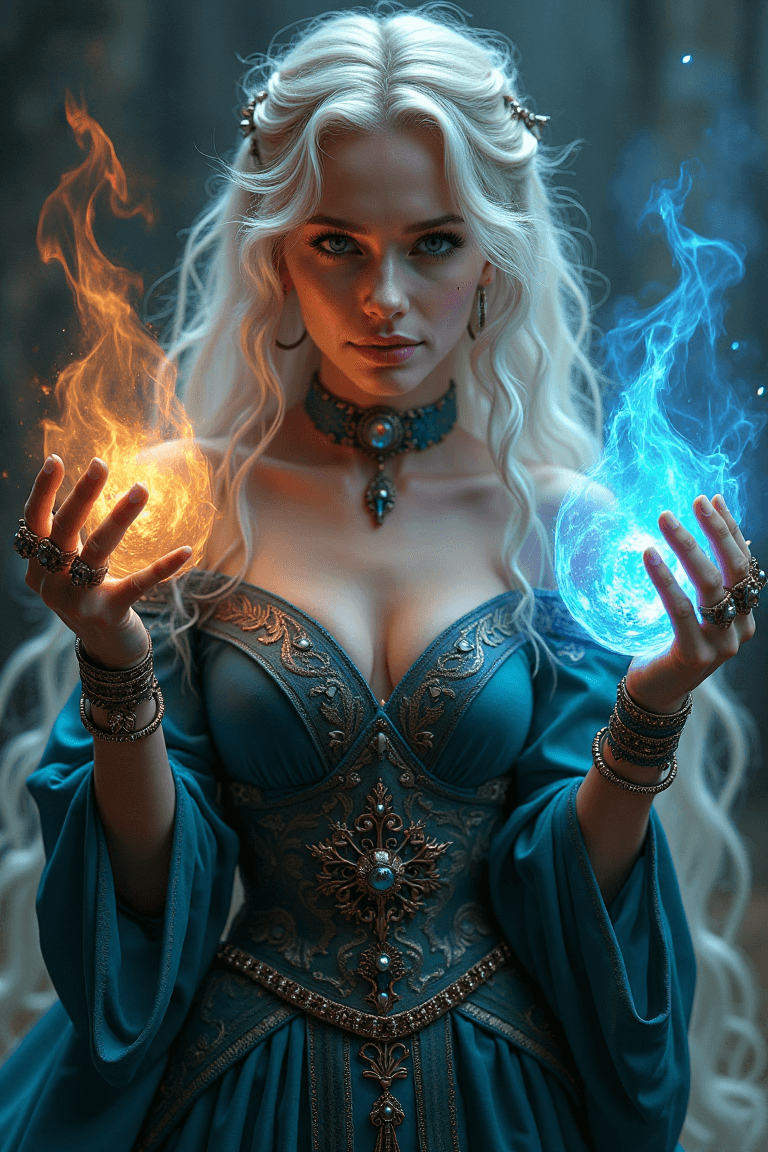 AI generated: A stunning slim female wizard stands poised in a magical dark fantasy realm, casting a mesmerizing s...