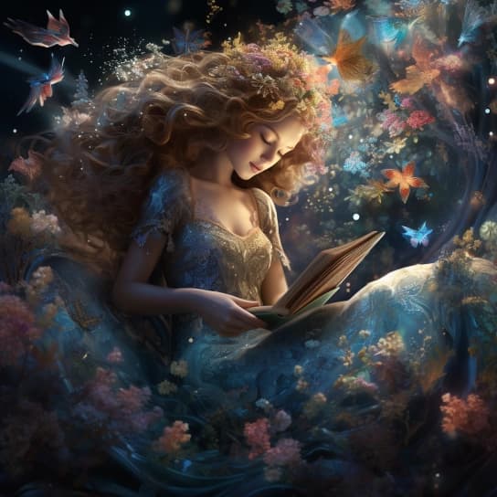 AI generated: he is dreaming of a fantasy world only found in books. Rich sumptuous scene. Woman gracefully floati...