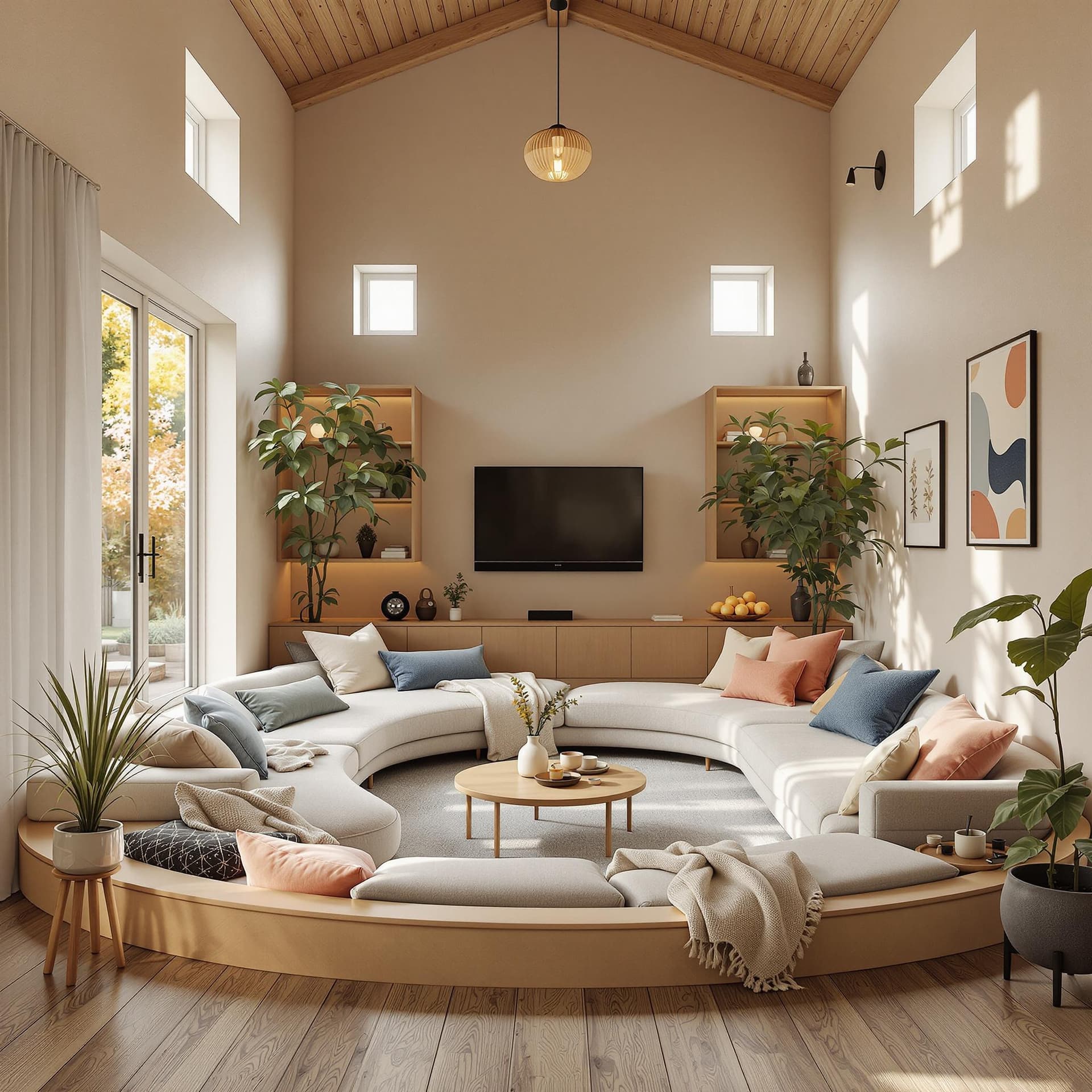 AI generated: High resolution photography interior design, dreamy sunken living room conversation pit, wooden floo...