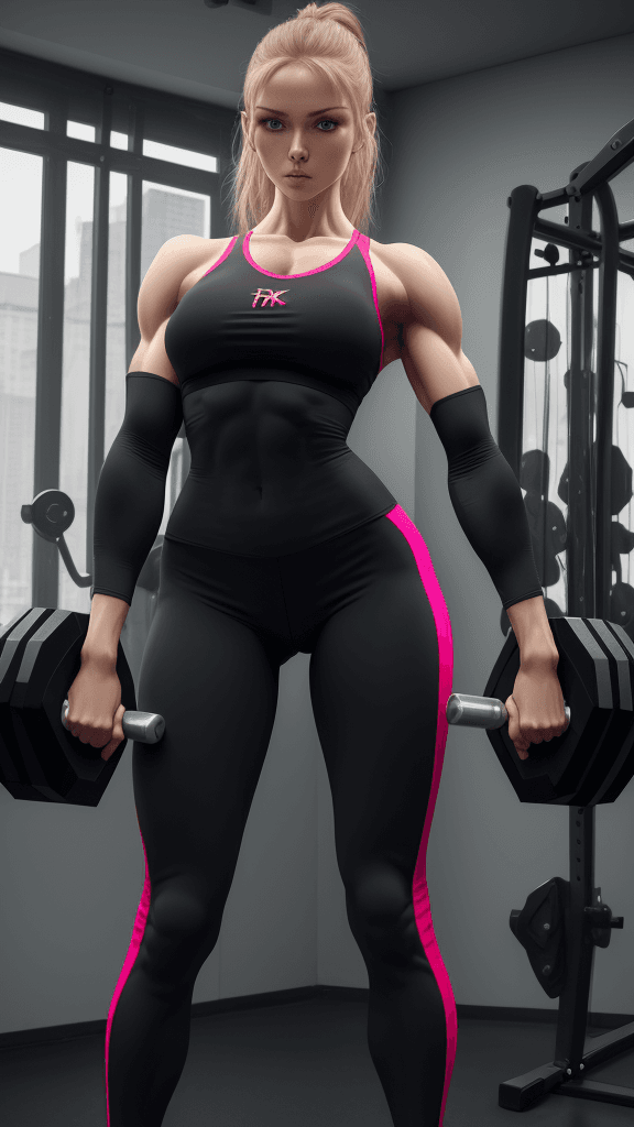 AI generated: Beautiful russian girl fitness trainer, stands and shows her perfect figure to her full height, well...