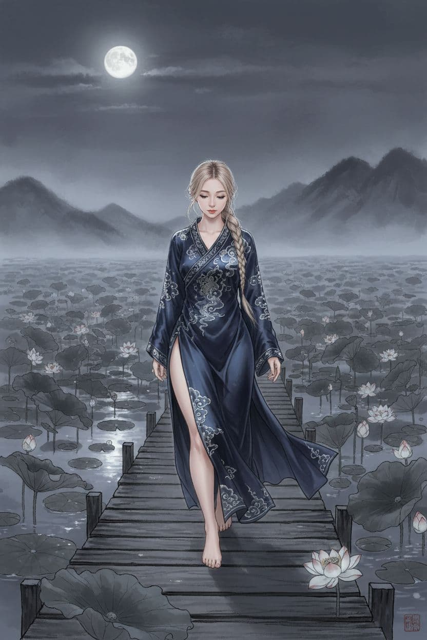 AI generated: petite woman with thick thighs and round hips walking barefoot on wooden pier over moonlit lotus pon...