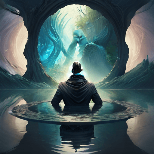 AI generated: a man in a pond, looking through the hole, in the style of visionary otherworldly, gigantic scale, f...