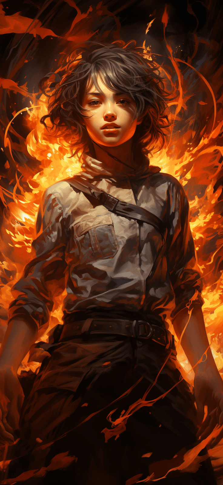 AI generated: anime character is jumping in the screen and holding fire, in the style of richly detailed genre pai...