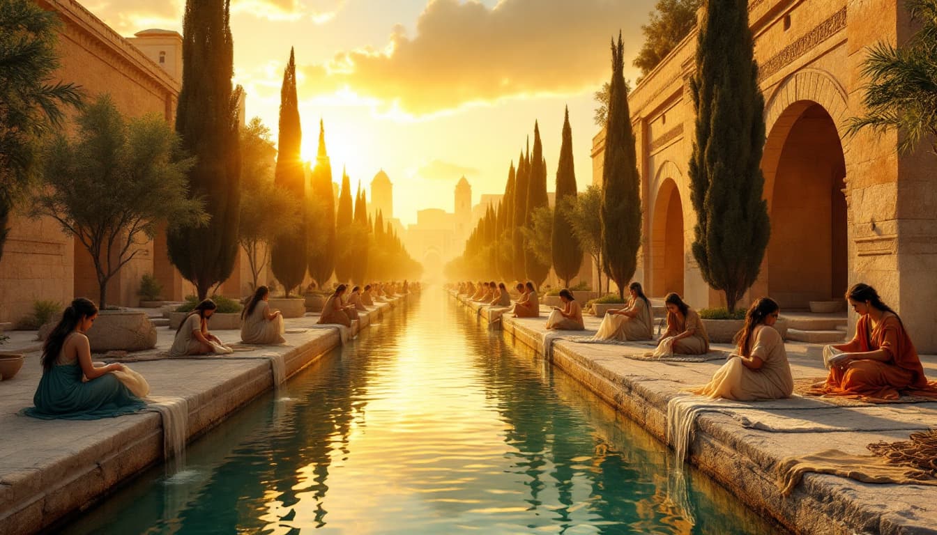 AI generated: Ultra-realistic Wide shot of a stone water channel running through the city, lined with cypress tree...