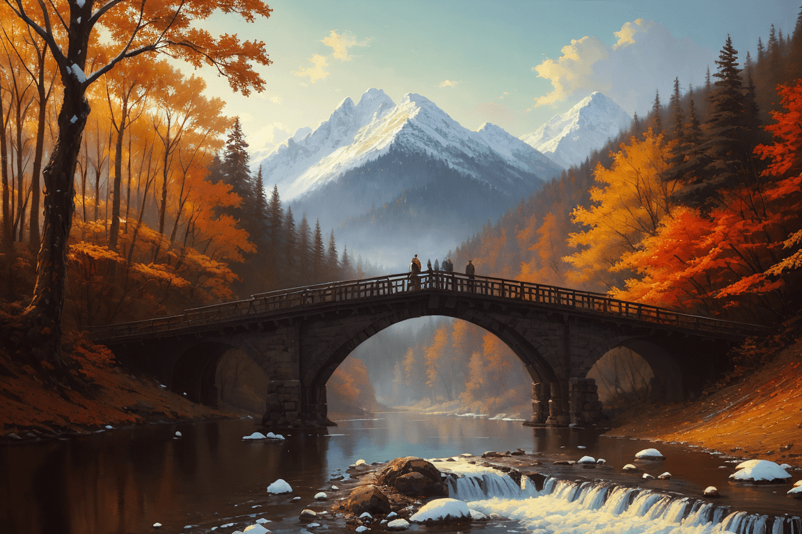 AI generated: autum forrest, snowy mountains in background, bridge over troubled water, style of Sylvain Sarrailh,...