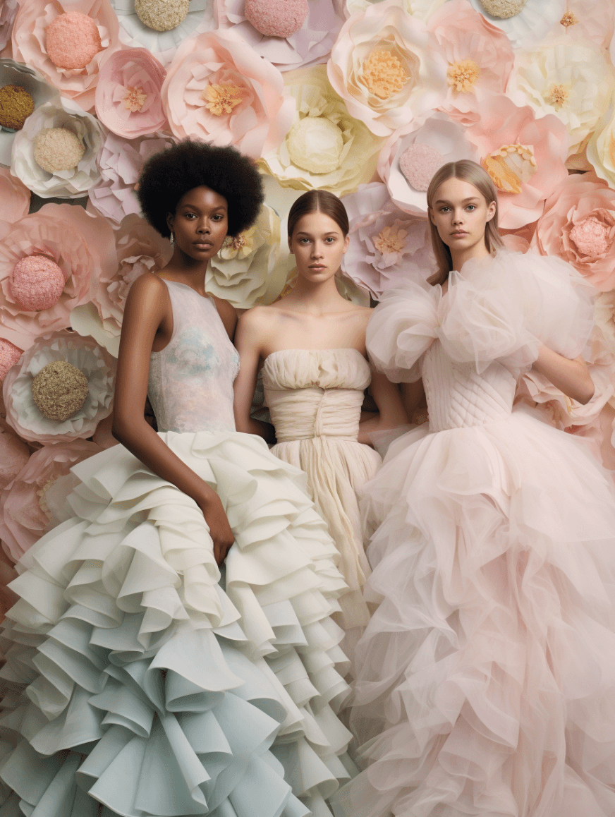 AI generated: diverse flowers make by tule covered wall, three white young fashion model wearing tule puffy dress,...
