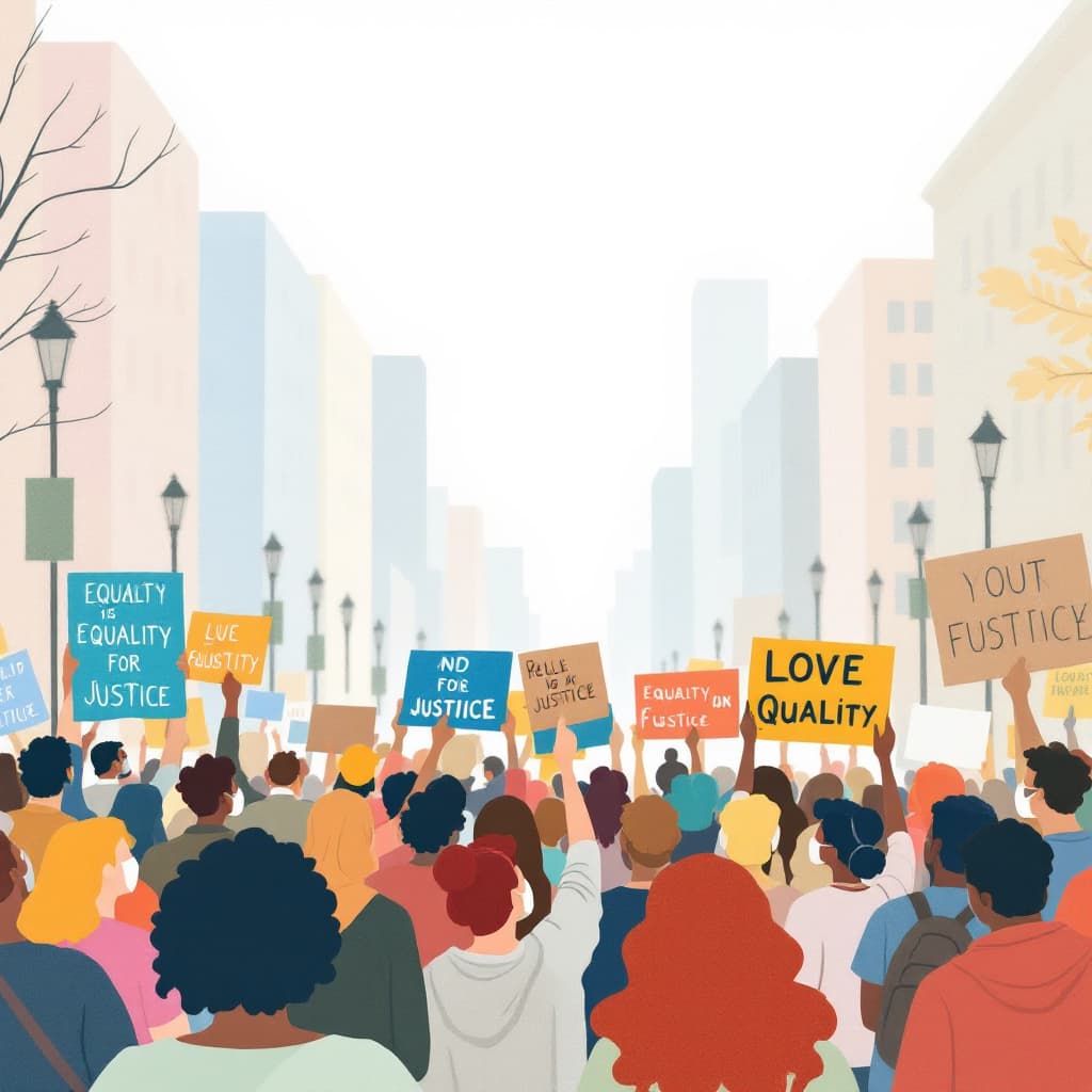 AI generated: 20240728153957list 2 Lofi illustration of a community rally with people holding signs advocating for...