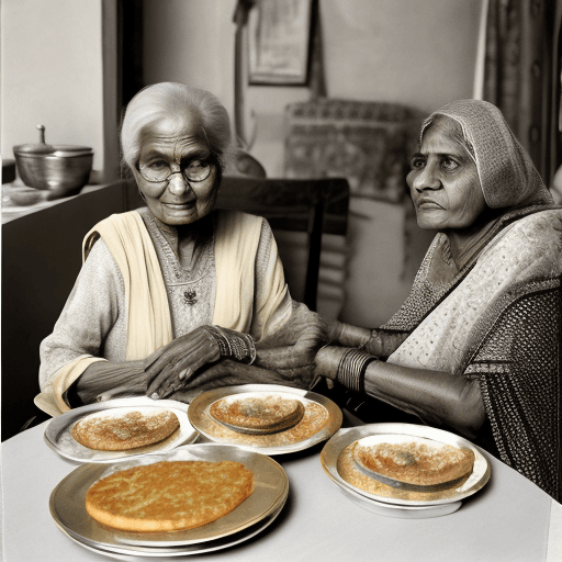 AI generated: happy Indian grandma sitting on dining table with grandaughter plates of laddos
cinestill 50d, silve...