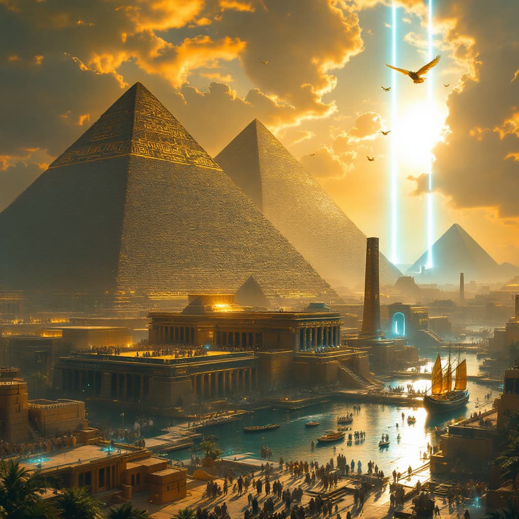 AI generated: A legendary Pharaonic civilization at the height of its prosperity, the pyramids rise majestically i...