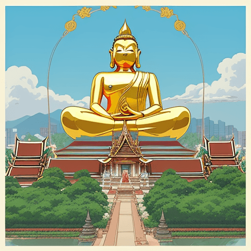 AI generated: perfect anime illustration of a Thai City with a big golden Budha in the middle, art by studio ghibl...