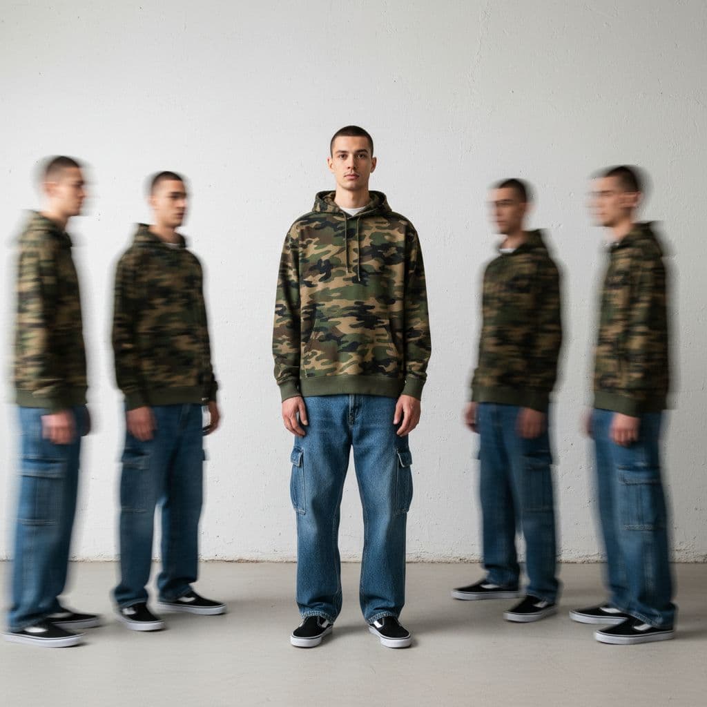 AI generated: photography, snap shot, male model, front pose, full-body, surrounded by a blurred motion, wearing c...