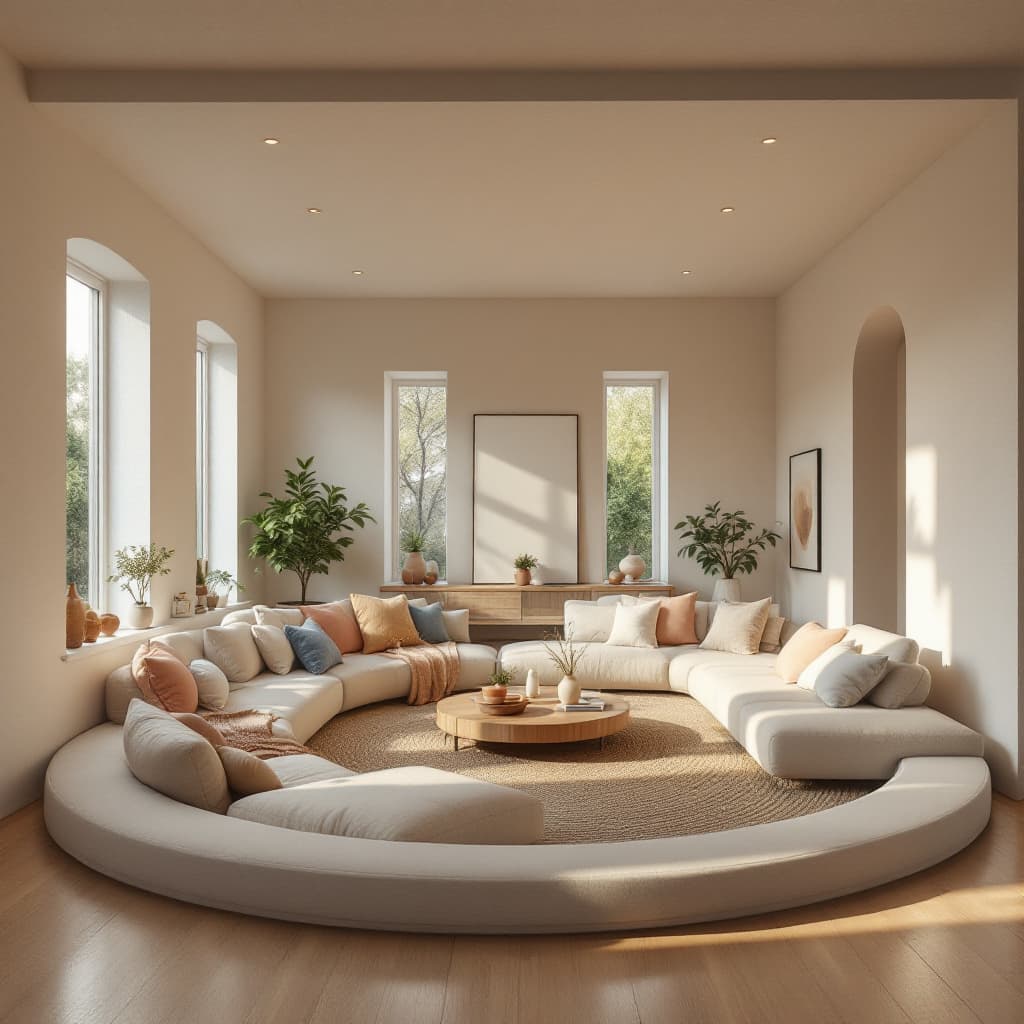 AI generated: High resolution photography interior design, dreamy sunken living room conversation pit, wooden floo...