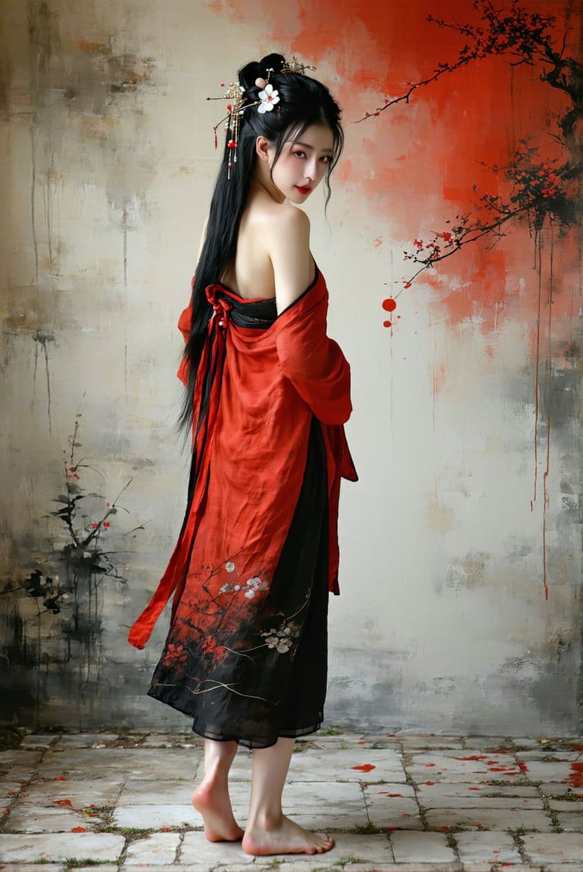 AI generated: Full body view An alluring Asian woman in a very short red and black kimono, partially slipping off ...