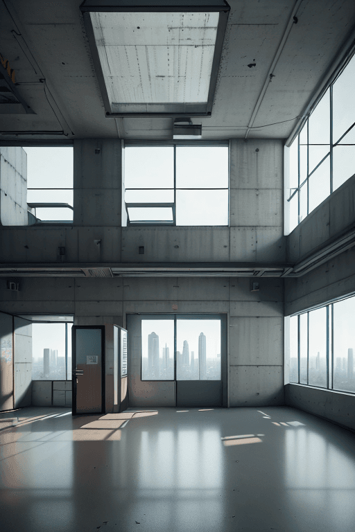 AI generated: social area with room and table inside a building with a concrete wall and a top-to-bottom window, a...