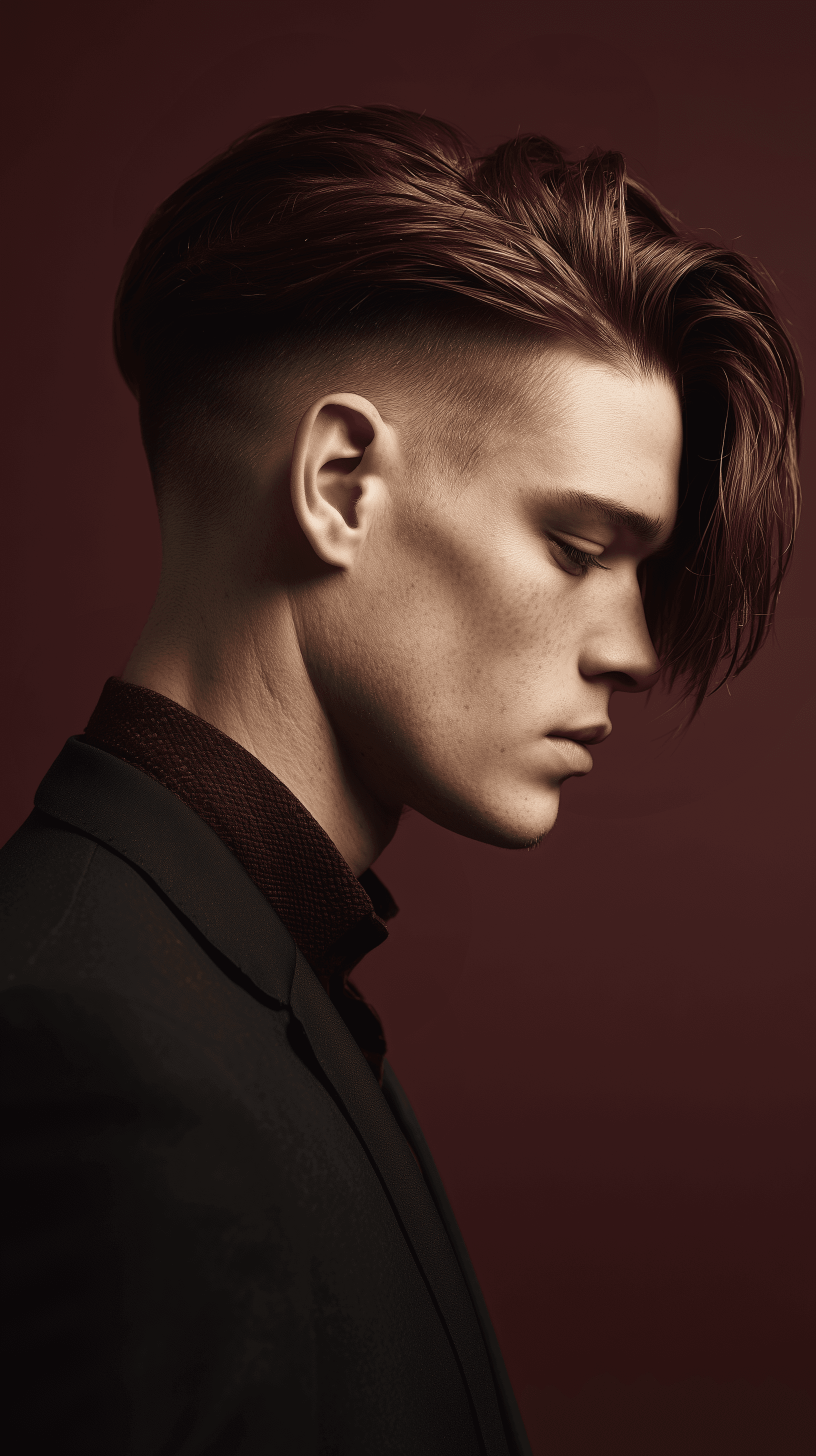 AI generated: hair photography, side view of a man, slicked-back undercut hair style, rich mahogany hair color, hi...
