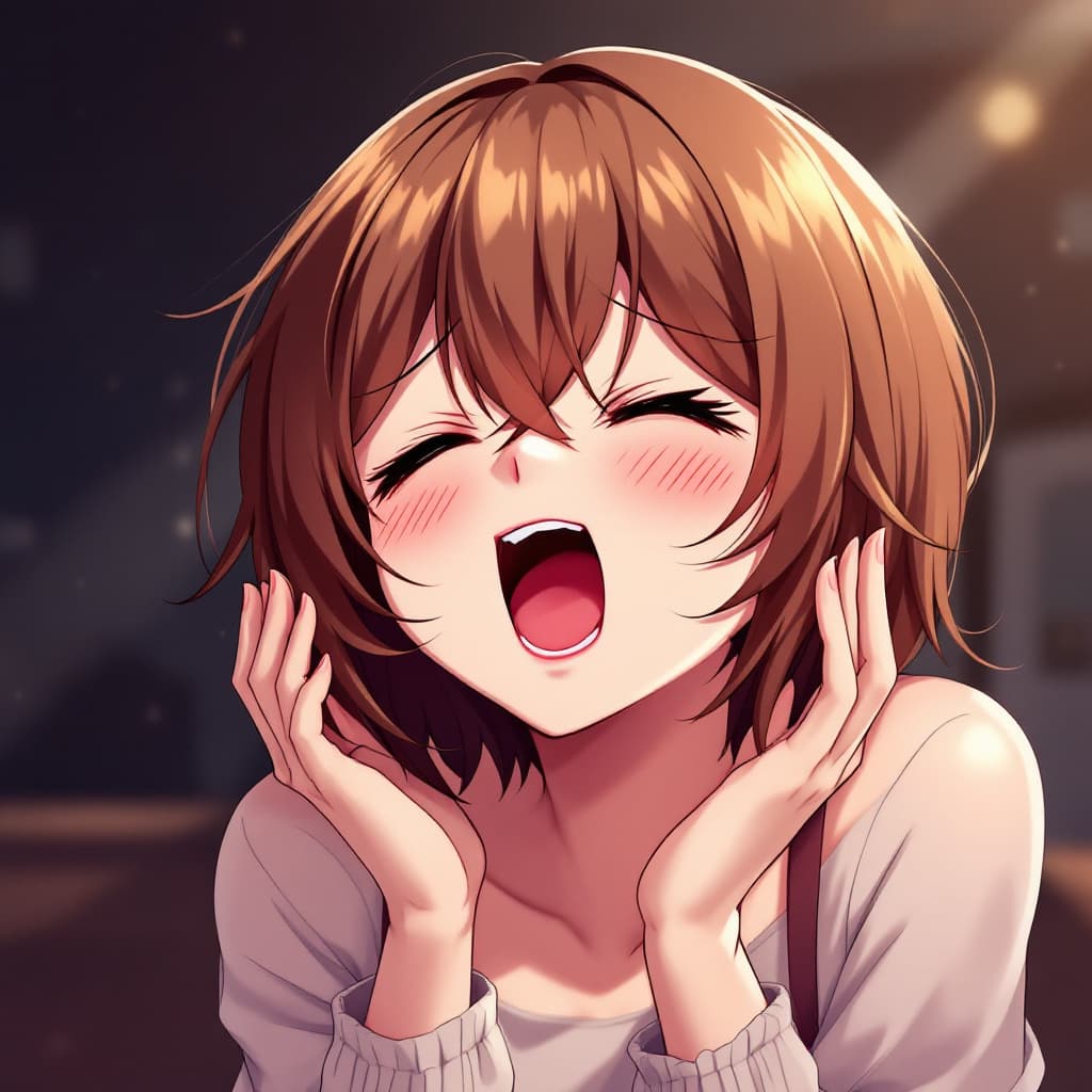 AI generated: waifu with brown hair, moaning anime, crossed-eyed, pleasured face
