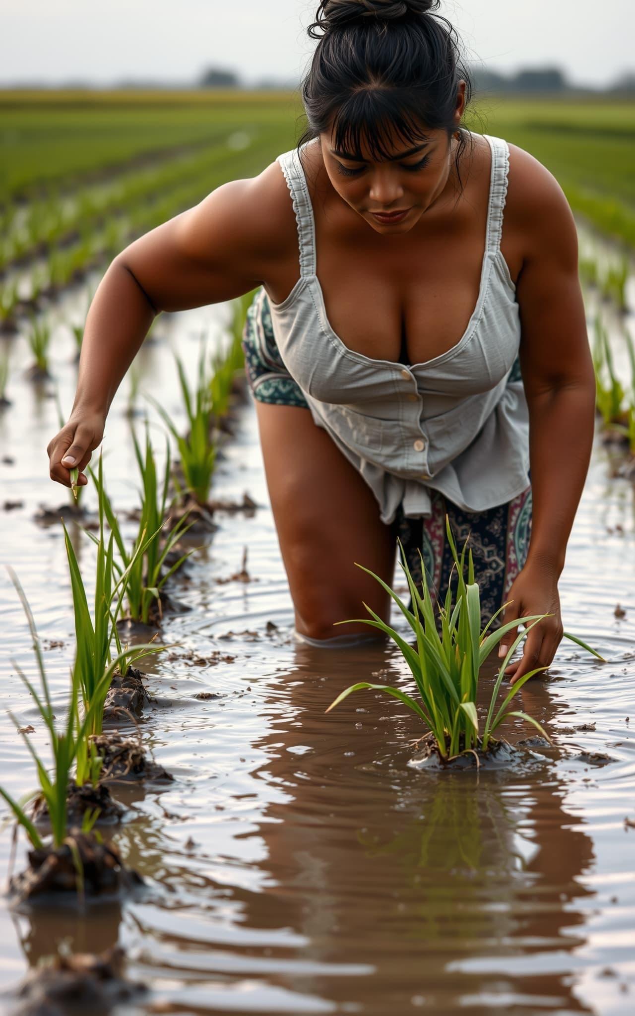 AI generated: Imagine an Indonesian peasant villager mature woman in a shallow ankle-deep slightly watered rice fi...