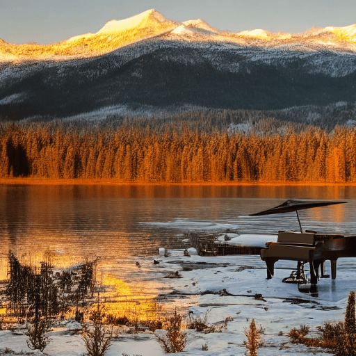 AI generated:  a piano in a lake  surrounded by the mountains with snow at the sunset 
