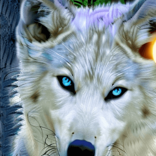 AI generated: High resolution photography white wolf with light blue eyes, in the forest with the moon in the sky