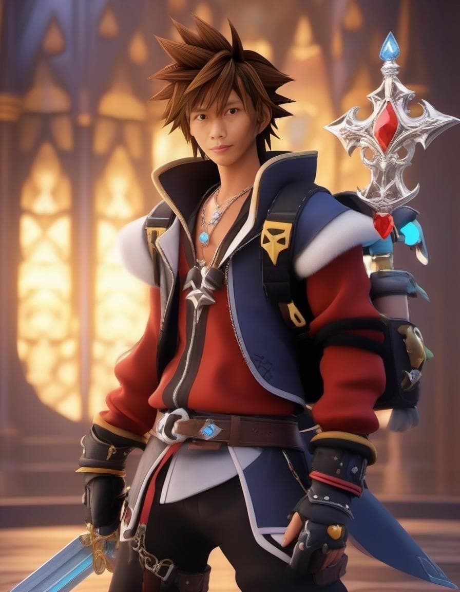 AI generated: A full body photo shot of Iconic character Sora from Kingdom of hearts, wearing his iconic adventuro...