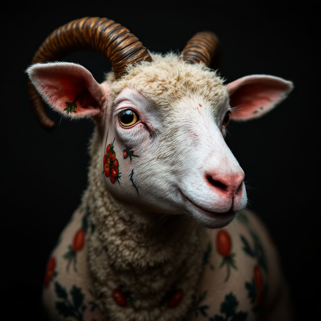 AI generated: photo close up, studio portrait, hairless big fat sheep tattooed thin lines  with tomatos,  full bod...