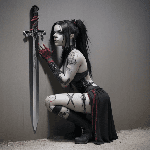 AI generated: a girl kneels down behind a wall holding a sword, in the style of cybergoth, red threads, midwest go...