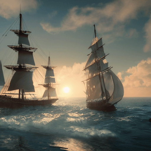 AI generated: photo of a sailing ship, dramatic light, pale sunrise, cinematic lighting, battered, low angle, tren...
