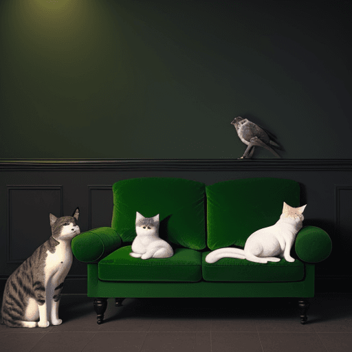 AI generated: Cats, dogs and birds that are curled up on a green sofa placed in front of an empty dark wall