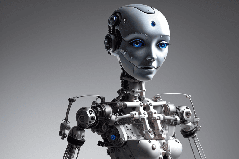 AI generated: whimsical image of a robot woman with human eyes and mechanical limbs