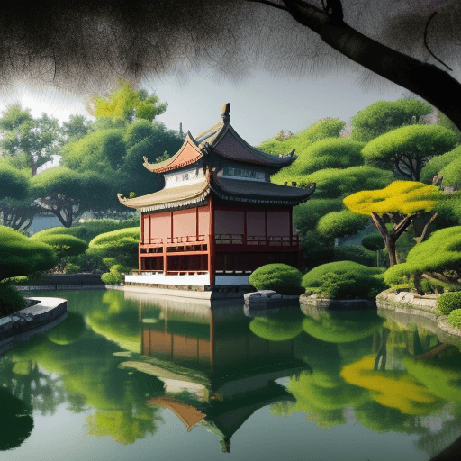 AI generated: chinese garden,  bird, anime, nature, wideangle. green