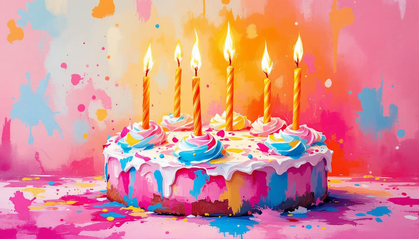 AI generated: A vibrant, abstract impressionist painting of a birthday cake with lit candles. The cake has pastel ...