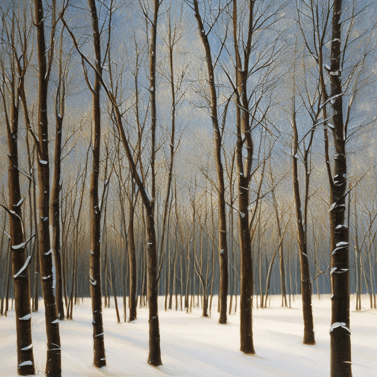 AI generated: an oil painting of some trees in the snow, shutterstock, american scene painting, birch swamp, mid f...