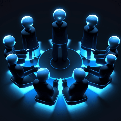 AI generated: Social network concept with 3d people on dark blue background, each of them light up, connect to a h...