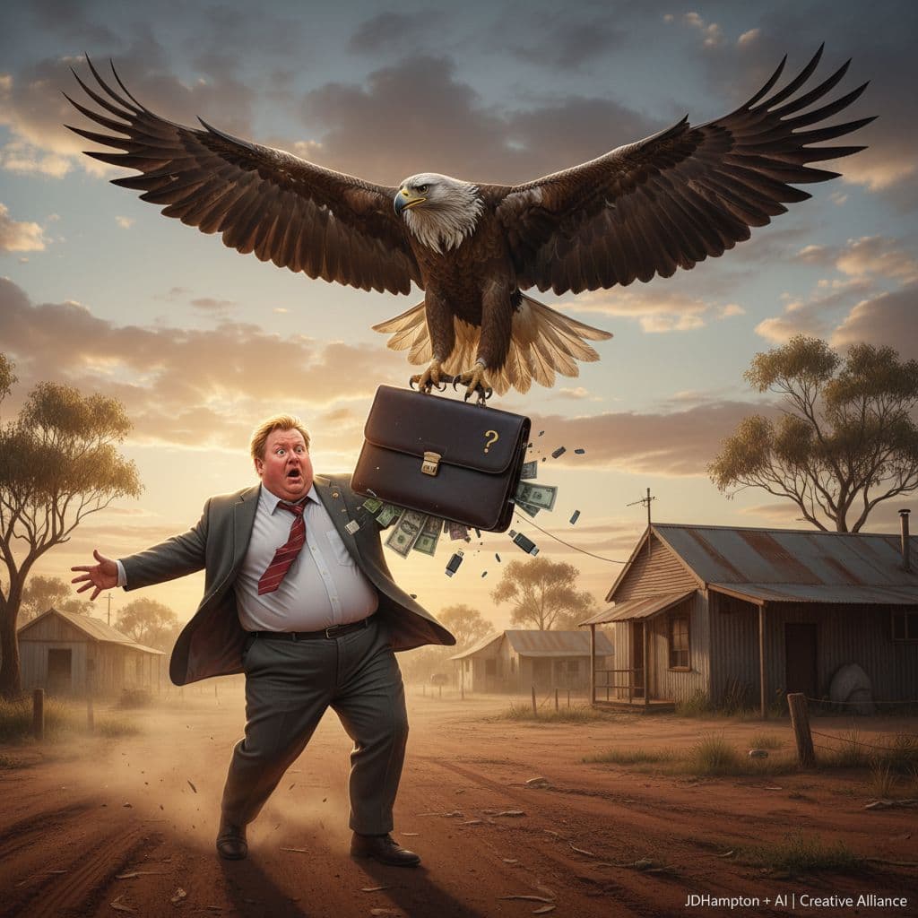 AI generated: Wildlife photograph captures the moment of a 130kg male fancy pants politician from Canberra travell...