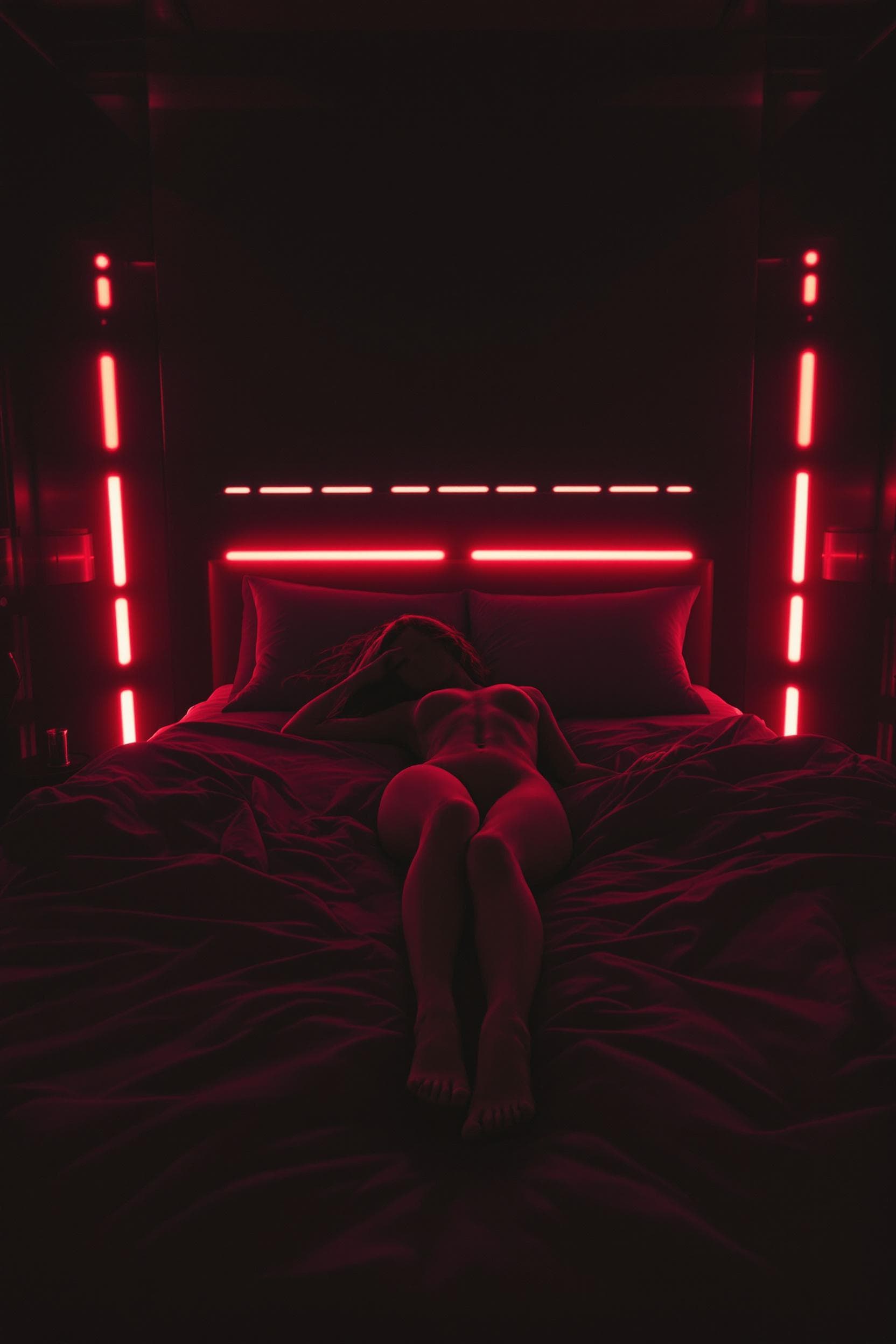 AI generated: 1 girl naked laying in a dark bedroom with red led lights, huge king size bed, Star wars themed room...