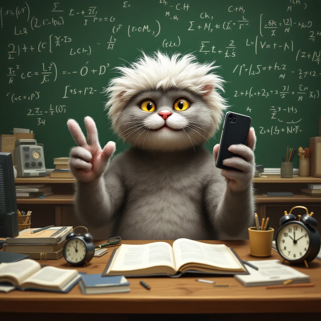 AI generated: An anthropomorphic gray British shorthair cat with a dome-shaped bald head and a shaggy white hair w...