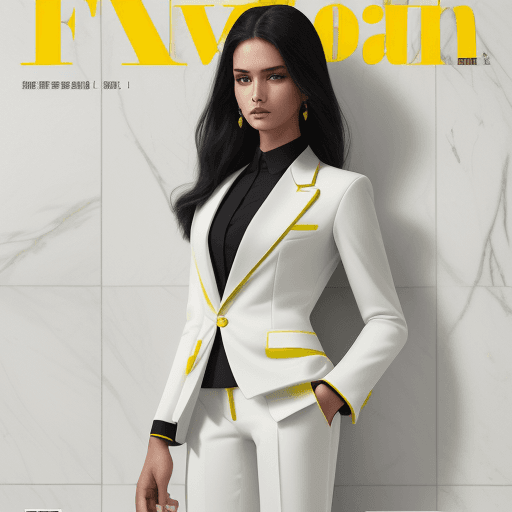 AI generated: fashion cover, front view, upper-body, woman model, white marble wall, black suit, green shirt, yell...