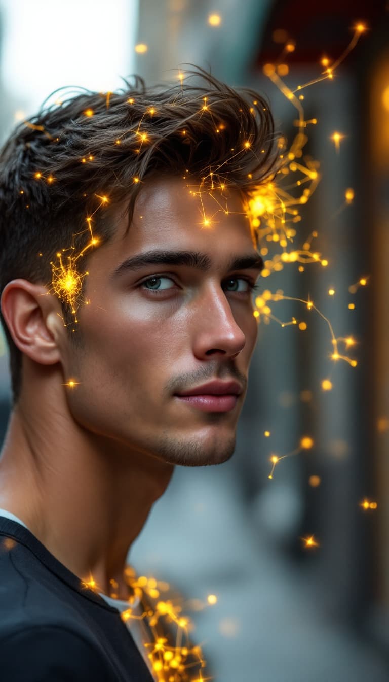AI generated: 
We see a clean-shaven man's face and shoulders, facing us. Clean shaven. He is 24 years old. A hype...