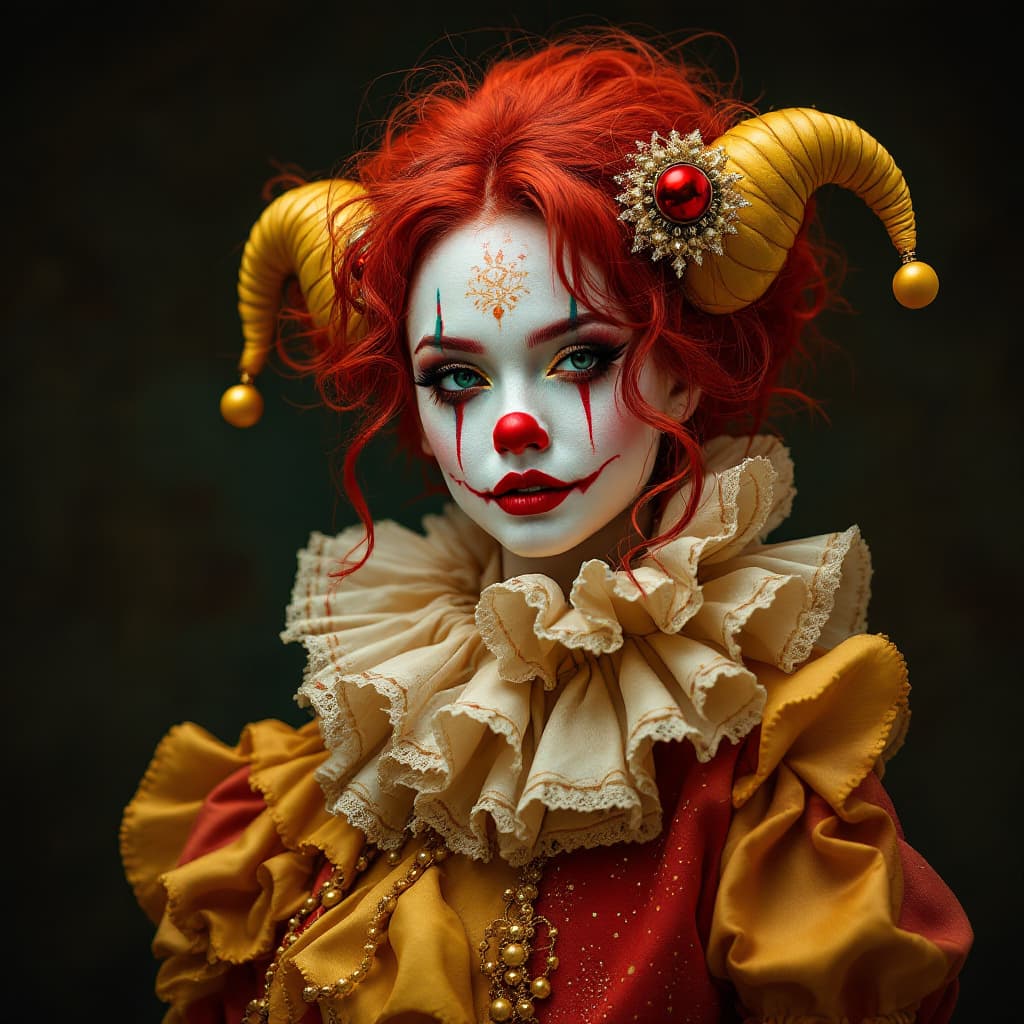 AI generated: a woman dressed as a clown with red hair, in the style of magical girl, colorful moebius, light yell...