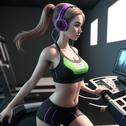 AI generated: hasdx style, glazed 3D render (extremely detailed CG), A girl wearing a headset on a Treadmill