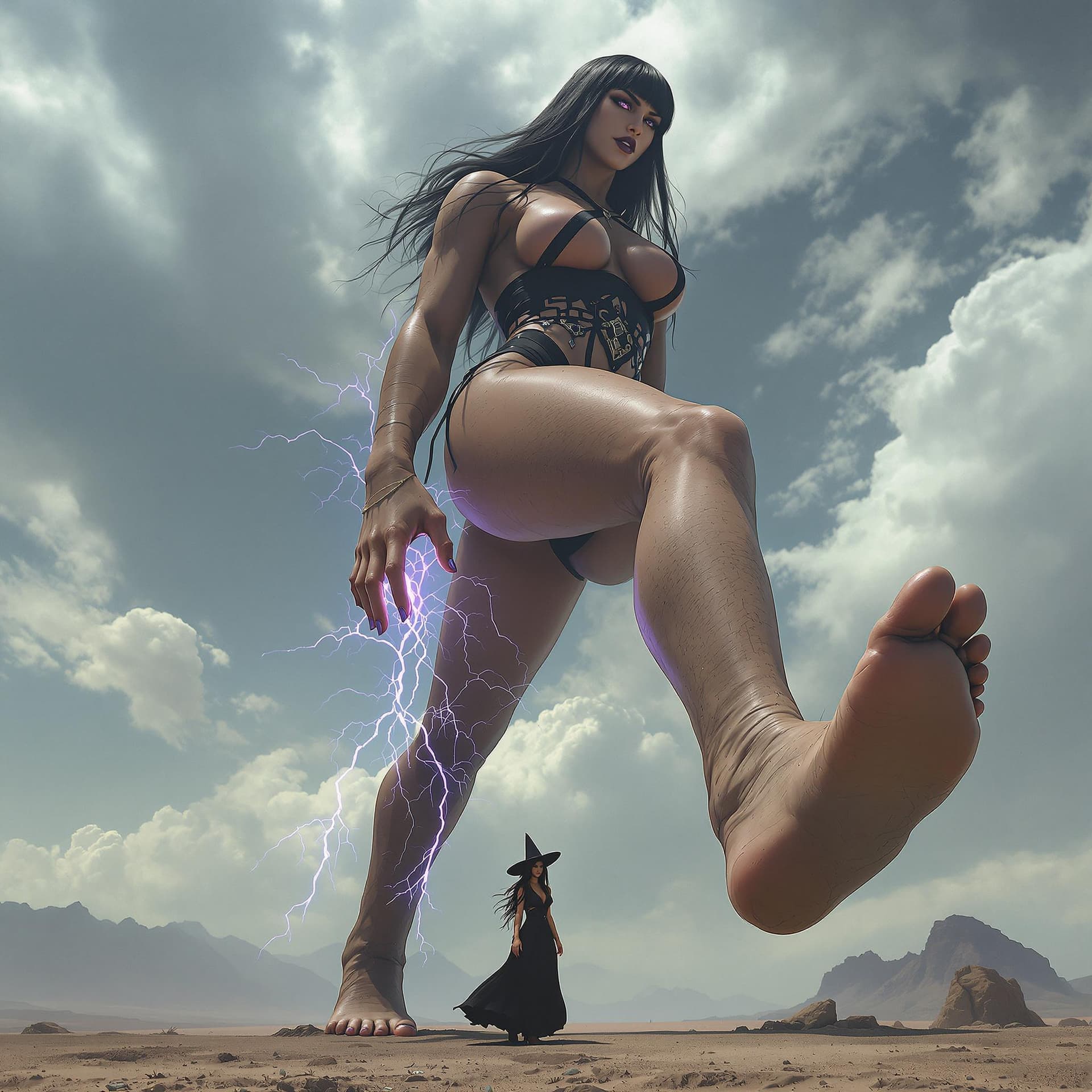 AI generated: enormous giantess female Rhea Ripley from WWE with black medium length hair and straight bangs, bigg...