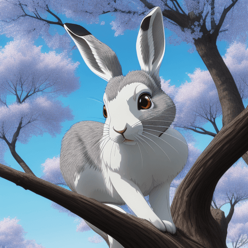 AI generated: Spring forest landscape with blossoming leaves on trees, gray hare peeking out from behind a tree, h...
